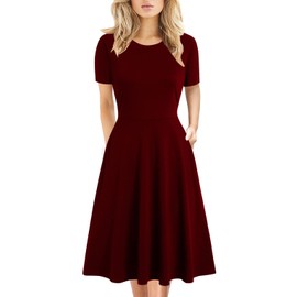 Modest Dresses for Womens Elegant Vintage 50s Office Casual Floral Print Wear to Work Party Swing A-Line Knee Length Dress with Pockets 162 (XL, Burgundy)