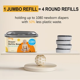 Jumbo Square Diaper Bags Refill Compatible with Diaper Genie Classic/Compact/Select Pails, Holds up to 1080 Newborn-Sized Diapers, Odor Control & Durable Disposal Refill, Plant Scented, Pack of 2