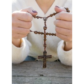 Nazareth Store Our Father Wood Rosary Beads Necklace with Beautiful Large Antique Cross Crucifix