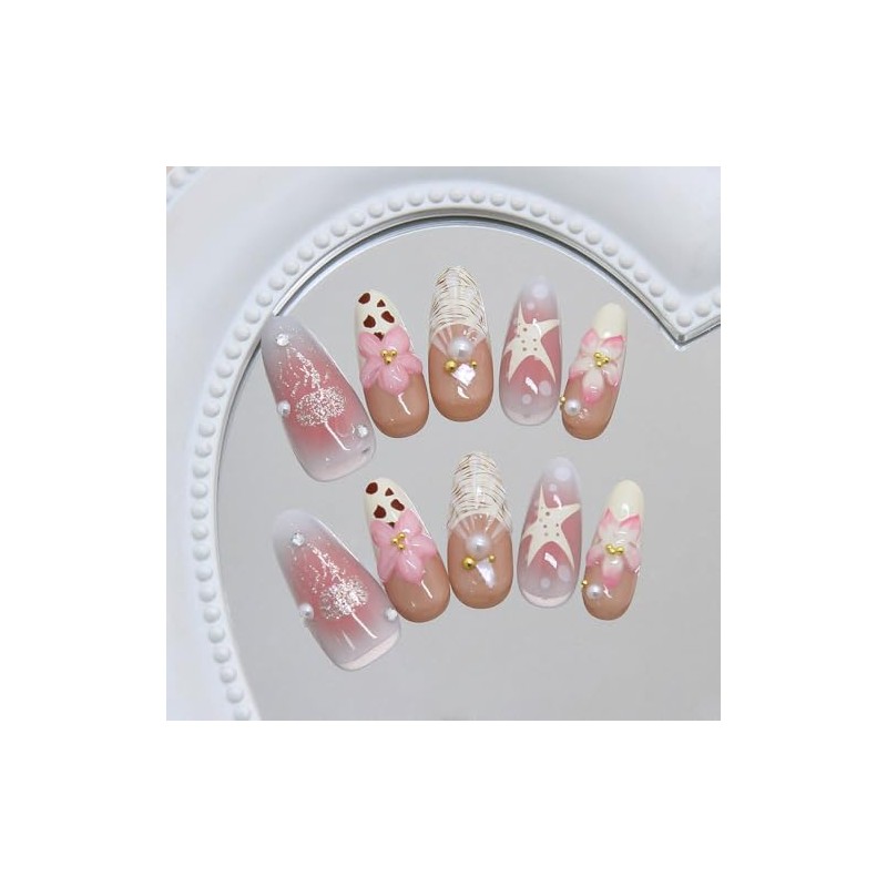RikView Uñas postizas medianas de almendra, color rosa con diseño