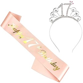 LATRAT 17th Birthday Crystal Tiara Crown with Birthday Sash Crown, Birthday Crystal Tiara Crown for Girls Birthday Gift Party Birthday Party Decoration Accessories - Rose Gold