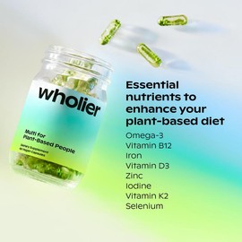 wholier Multivitamin for Plant-Based People, Vegan Essential Vitamins, Minerals + Omega-3s
