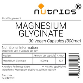Nutrics® 800mg Magnesium GLYCINATE 100% Pure Highly Absorbable Strong V Capsules - Suitable for Vegan Vegetarian Halal & Kosher Diet- 30 Capsules (1 Month Supply)