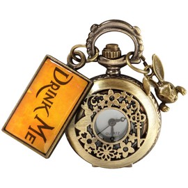Tiong Little Alice in Wonderland Quartz Pocket Watches Arabic Numerals White Dial with Necklace Pendant for Women's Girl's