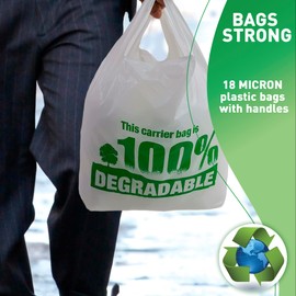 Sabco - White Vest Carrier Bags 100% Degradable - Large13 x 19 x 23" - Eco Friendly Plastic Bags - Sabco (100)