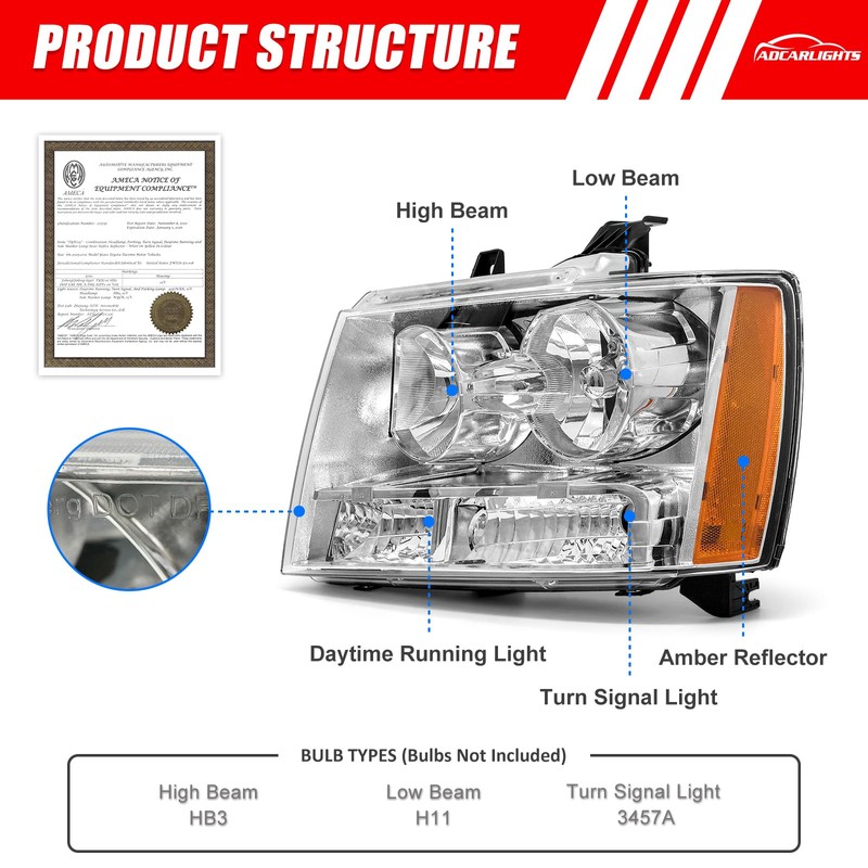 ADCARLIGHTS Headlights Compatible with Chevy 2007-2013 Avalanche / 2007-2014 Tahoe