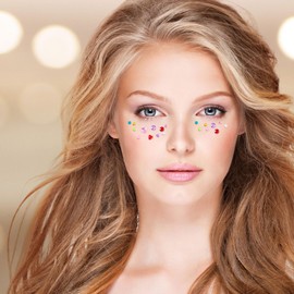 OIIKI 4 Sheets Colorful Star Gems Stickers, Heart Drop Round Acrylic Gems, Eye Rhinestones Makeup Stickers, Women Makeup Jewels for Face, Rave Accessories for Parties, Festival, Daily Use