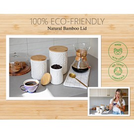 Engraved Design Kitchen Canisters Set of 3 with 74 Oz, 36 Oz, and 18 Oz - White Storage Jars for Countertop with Airtight Bamboo Lids - Large Flour Tea Coffee Sugar Spices Container - Decorative