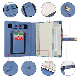 WASON A5 Diary PU Leather Composition Notebook Ruled Binder Journal with Pen, Refillable Paper, Removable Clipboard Portfolio, Notepad for Business Travel School Planner Organizer (Light blue)