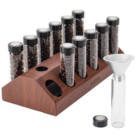 DIBTSA Coffee Bean Cellars, 12 Single Dose Espresso Beans Storage Container Tubes with One-Way Exhaust Valve, Display Stand and Mini-hopper
