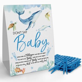 ZWV Don't Say Baby Clothespin Game Sign (1 Sign + 50 Mini Clothespins), It's a Boy Blue Ocean Baby Shower Game, Baby Shower Decoration Set ﻿, 11