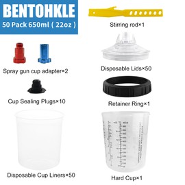Disposable Paint Sprayer Mixing Cup 50 Pack 22 Ounce(650ML) Disposable Paint Cups Liners and Lid System 50 Liners, 50 Lids with Strainer, 1 Hard Cup with Retainer Ring, 10 Plugs, 2 Cup Adapters