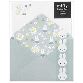 Les - MY6B Letter Set - Miffy Flower/Blue (A-8) 8 Stationery, 4 Envelopes, 4 Stickers, Maruay