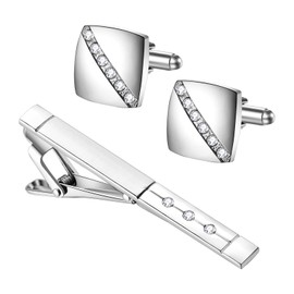 JewelryWe Tie Clip Cuff Links: Mens Silver Brass Necktie Clips Bar Cufflinks with Rhinestone Business Dress Shirts Wedding Tuxedo Classic Cufflink for Groom Ceremony Party Daily Life Elegant Gift