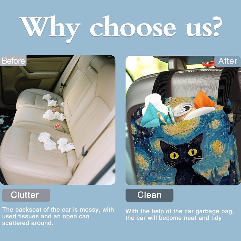 Watercolor Starry Night Car Garbage Bag,Black Cat Small Car Trash