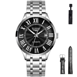 ZUNPAI Watches for Men Automatic Luxury Business Watch Mechanical Classic Roman Number Self-Winding Calendar Waterproof Mens Wrist Watch with Leather Strap Band (Black)