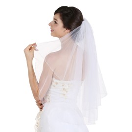 SAMKY 2T 2 Tier Crystal Beaded Edge Bridal Wedding Veil - Light Ivory Fingertip Length 36" V015