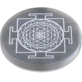 ANAYA AGATE Selenite Charging Plate with Sri Yantra Design - 4" Engraved Healing Crystal Charger | Round Disc Coaster for Home, Office, Table Decor | Amplify Energy, Cleanse Crystals, Spiritual Gift