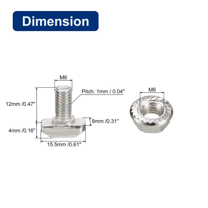 sourcing map M6x12mm T Slot Drop-in Bolt and M6 Hexagon