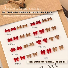 TUMETINSS Nail Parts, Ribbon, Nail Parts, 2 Colors, 8 Types, 3D Dimensional, Bowknot, Cute, Warm Colors, Autumn/Winter Colors, Nail Art, Deco Parts, Handmade for Resin, Approximately 50 Piece Set