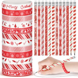 Sabary 48 Pcs Christmas Pencils Christmas Silicone Bracelets Set Christmas Party Favors Candycane Plaid Snowman Santa Tree Snowflake Pencils Xmas Wristbands Christmas Gifts(Candy,7.48 Inch Pencil)