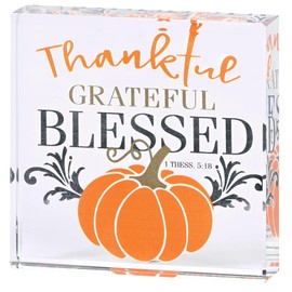 Dicksons Decorative Fall Tabletop Plaque Sign 3 x 3 Inch Glass Pumpkin Thankful