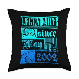 Lustiger Geburtstagsspruch zum 20. Geburtstag 20th Birthday Legendary Since May 2002 Vintage Retro Throw Pillow, 18x18, Multicolor