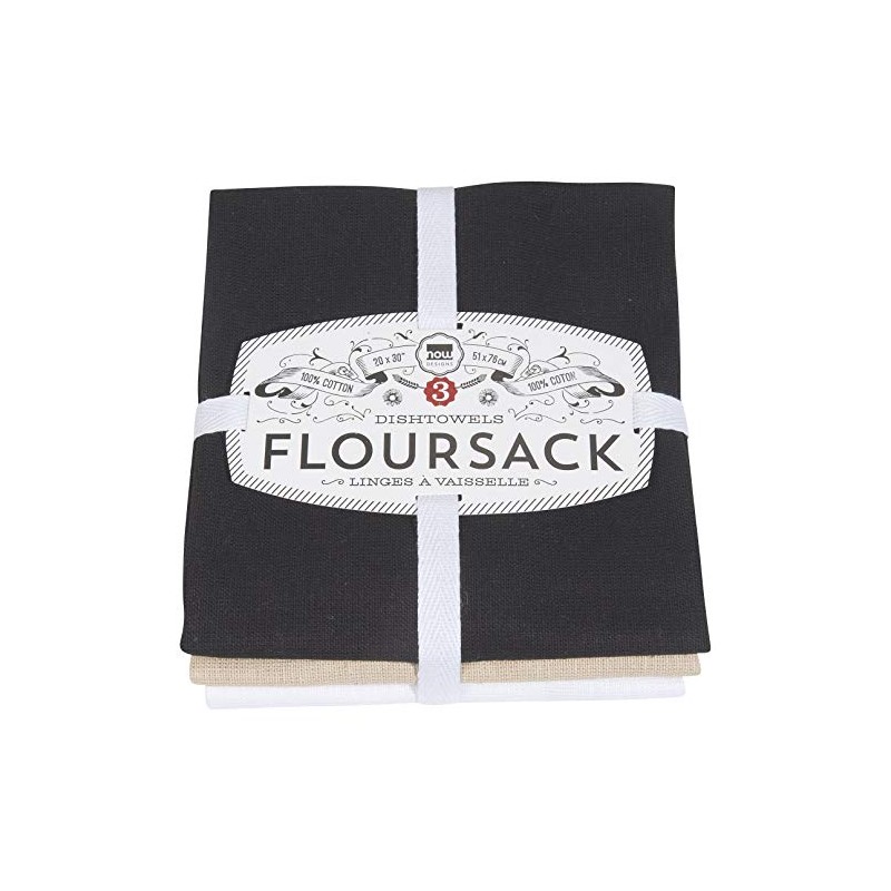 Now Designs Floursack Kitchen Towels, Set of Three, Black/Oyster/White