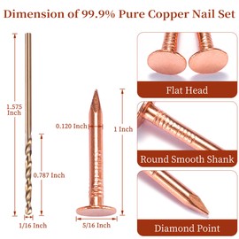 GOORY 120Pcs Copper Nails 1 Inch - with 1/16 Inch Drill Bit - 99.95% Pure Copper Roofing Nails Slate Spikes Flashing Furniture Boat for Roof Repair, Tree Stump Remover, DIY Project