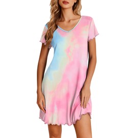 Ekouaer Nightgowns for Women Short Sleeve Sleepshirt V Neck Short Nightshirt Pullover Soft Ruffled Sleepwear Tie Dye XL