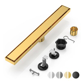 DLONE Linear Shower Drain | 32" AISI 304 Stainless Steel Linear Drain, Brushed Gold Shower Drain with Tile Insert Panel & Adjustable Feet, Long Rectangle Shower Floor Drain in Bathroom, Balcony, etc