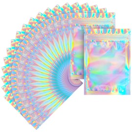 Paquete de 100 bolsas de mylar holográficas a prueba de olores, bolsas de embalaje para pequeños negocios resellables con cierre sellables, muestra, joyas, brillo de labios, alimentos, jabón,
