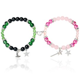 OFDNE Elphaba Galinda Friendship Matching Bracelets, Rhinestone Crown Witch Hat Stars Matching Bracelets,Pink&Green Accessories Jewelry Gift for Women Party Decorations