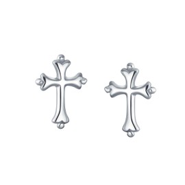 Delicate Simple Fleur De Lis Cross Stud Earrings: Minimalist Religious Jewelry for Women Teens, Communion Gift, Polished .925 Sterling Silver
