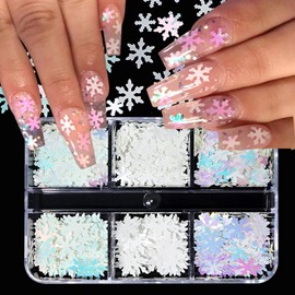 White Snowflake Nail Art Glitter Sequins, 3D Winter Christmas Snowflake Sparkly Nail Glitter Flakes Designs, Shiny Snowflake Confetti Acrylic Supplies for Women Manicure Charms Holiday Decorations