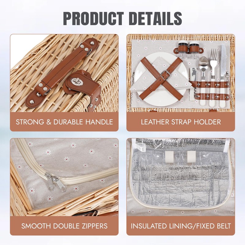 HappyPicnic Picnic Basket Set for 2 - Wicker Picnic Basket