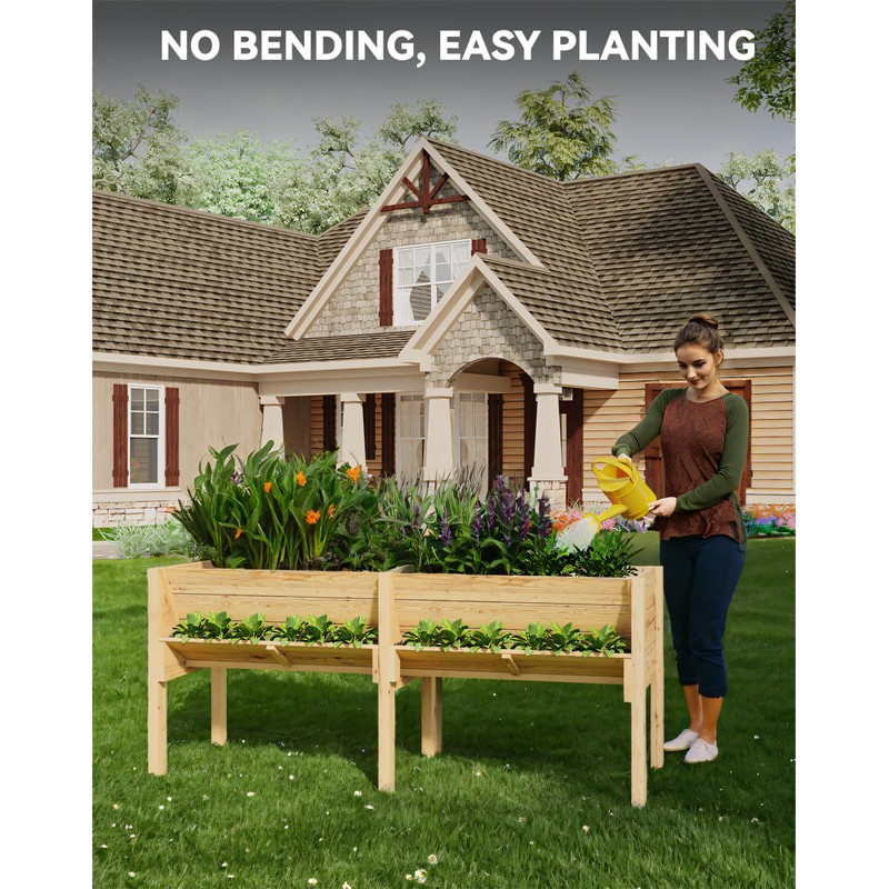 Hipicute 2 Tiers Wooden Raised Planter Box,72x23x30-Inch,Mobile Elevated Wood Planter,