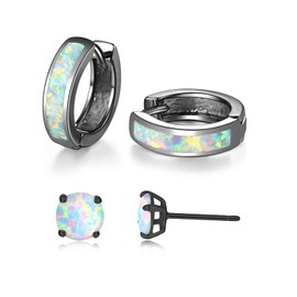 CiNily Hoop Earrings sets, 2 Pairs White Opal Small Stud Earrings 14K Black Gold Plated Mini Huggie Hoops Hypoallergenic Tiny Cartilage Earrings for Women Men Jewerly