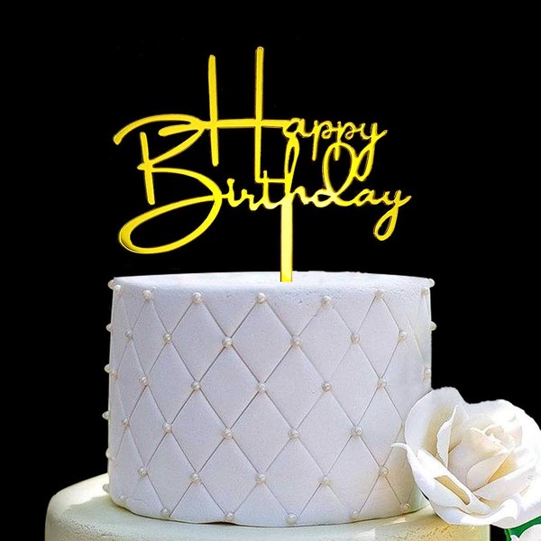 Happy Birthday Acrylic Cake Topper Decoration for Special Event (Mirror Gold)