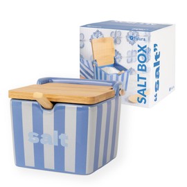 Fisura – Saliera originale blu con coperchio “salt”. Barattolo quadrato XL in ceramica con tappo in legno e cucchiaio. Porta sale, zucchero o spezie. 10 x 10 x 9 cm.