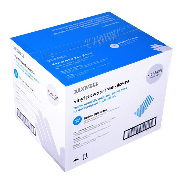 Daxwell Vinyl Gloves, Powder Free, Extra Large, Clear, F10001749 (Case of 1,000, 10 Boxes of 100)