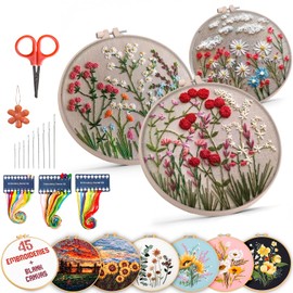 Univigo Embroidery Kit 3 Sets Embroidery Stitch Practice Kit for Handicraft Lover Cross Stitch Kits with Embroidery Cloth Hoop Color Threads Scissors Tools & Instruction C-Flowers of The Field