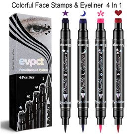 evpct Colored Winged Eyeliners Stamp 4 in 1 Stars Flowers Hearts Moon Face Makeup Stamp Set Eye Liners for Women Waterproof Purple Blue Red Pink Liquid Eyeliner Colorful Set Wingliner Shapes