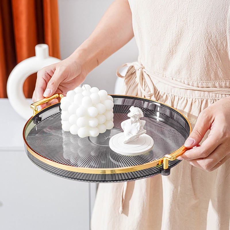 Round Tray with Gold Handle Elegant Multi Functional Golden Rim