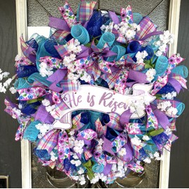 He is RISEN! Easter Spring & Summer Deco Mesh Front Door Wreath, Floral Decor, Front Door, Wedding Farmhouse Decor, Country Decor, Blue Pink Purple, Plaid, Floral