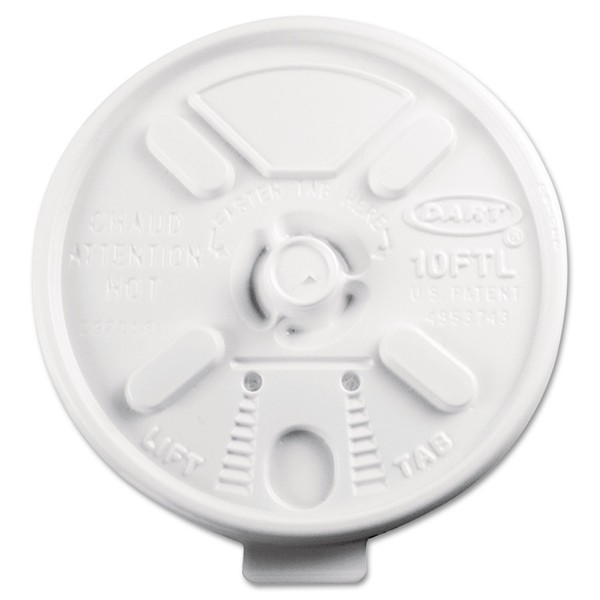 DART 10FTL Lift N' Lock Plastic Hot Cup Lids Fits 10oz Cups White 1000/Carton