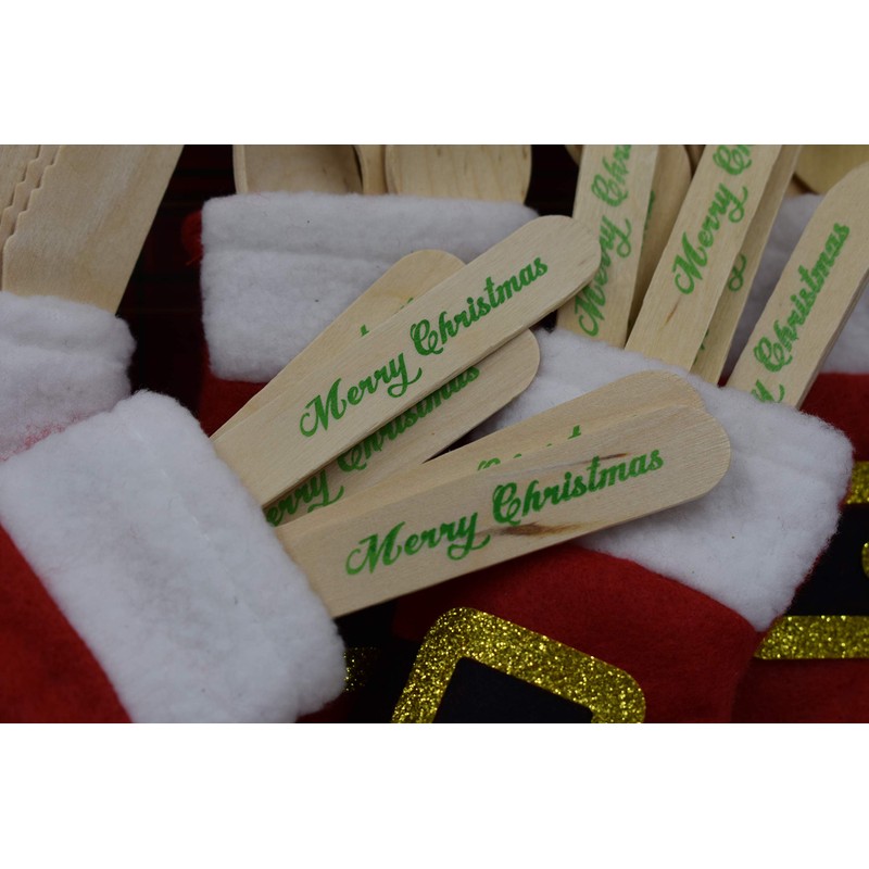 Disposable Wooden Spoons with Merry Christmas Print - 24 pack