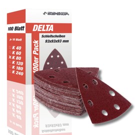 Delta Sanding Triangles with Velcro, 80 Grit, 100 Pieces, 93 x 93 x 93 mm, 6 Holes, for Delta Sander & Multi Sander, Sandpaper, Dust Extraction