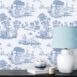HeloHo Peel and Stick Wallpaper Toile Wall Paper Vintage Self Adhesive Contact Paper Light Blue Decoral for Bedroom Bathroom Living Room 17.3" X 196.8"
