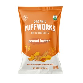 Puffworks Original Organic Peanut Butter Puffs, Plant-Based Protein Snack, Gluten- and Rice-Free, Vegan, Kosher, 1.2 Ounce (Pack of 12)